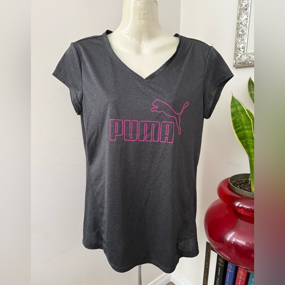 Puma Women's Charcoal V-Neck Tee with Pink Logo